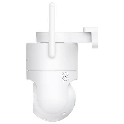 Caméra de sécurité blanche montée latéralement avec une antenne et un support réglable pour une installation murale potentielle.