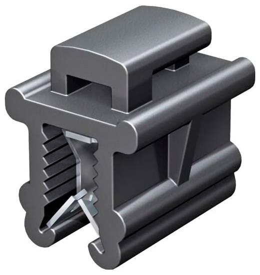 Un composant mécanique gris de forme rectangulaire avec un intérieur nervuré et une poignée surélevée sur le dessus, conçu pour connecter ou fixer des pièces.