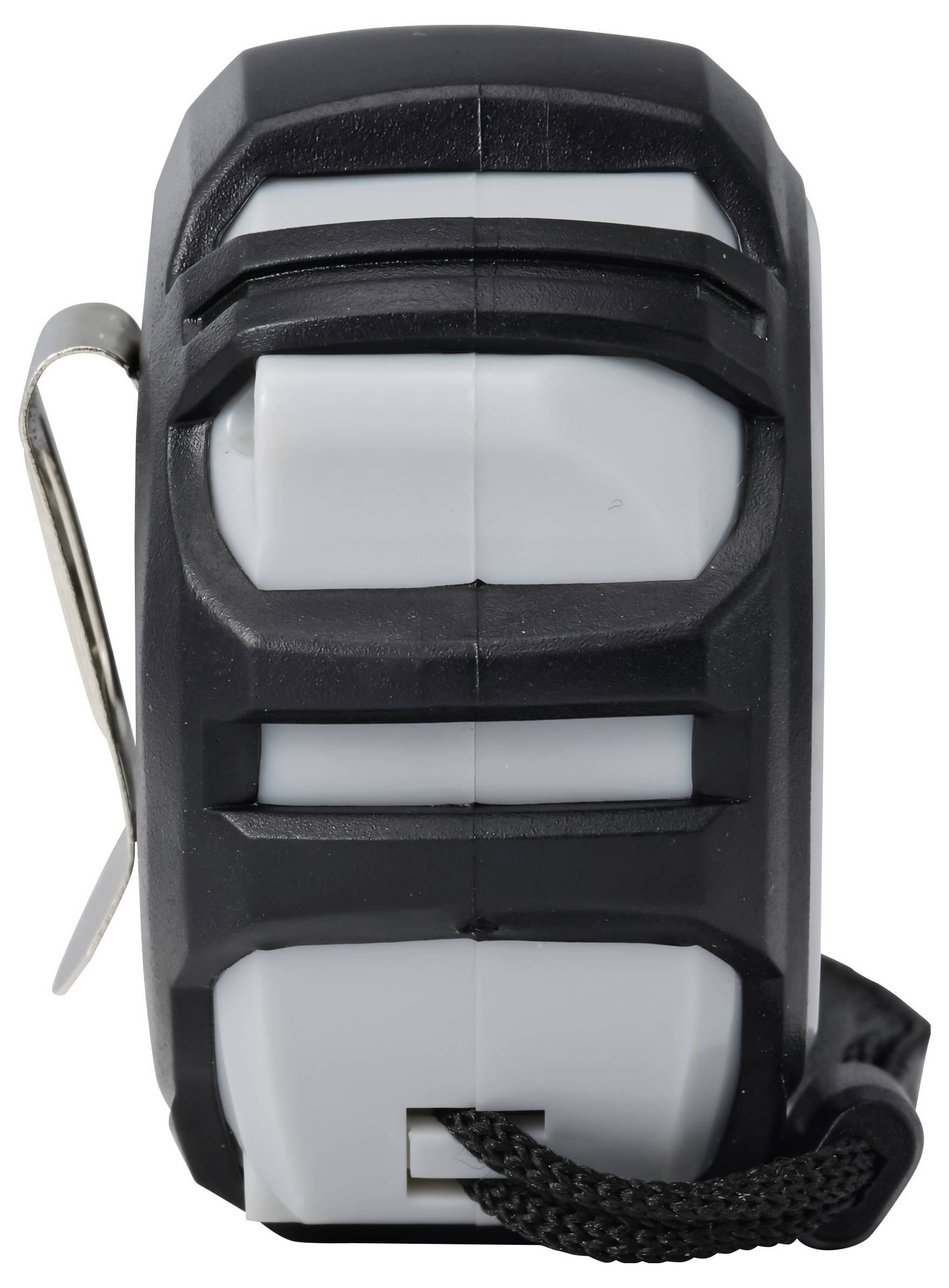 Mètre à ruban noir et gris avec pince ceinture métallique et sangle de poignet, montré en vue de face sur un fond blanc.