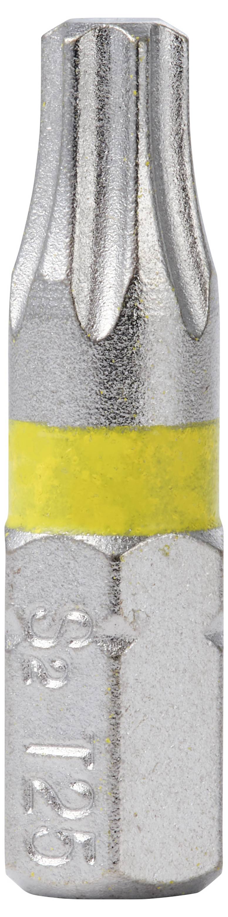Un embout de vis Torx argenté avec une bande jaune autour du milieu, présenté verticalement sur un fond blanc.