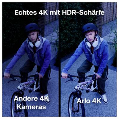 Comparaison en écran divisé d'un cycliste au crépuscule : à gauche « Autres caméras 4K » est plus floue et plus sombre, à droite « Arlo 4K » est plus nette avec des détails HDR ; le titre se lit « Vrai 4K avec netteté HDR ».