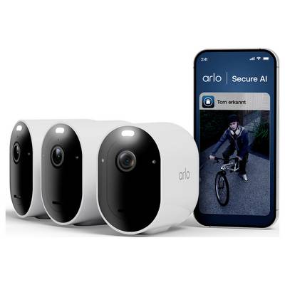 Caméras de sécurité Arlo à côté d'un téléphone affichant l'application Arlo Secure AI avec une alerte « Tom détecté » et une personne à vélo détectée la nuit.