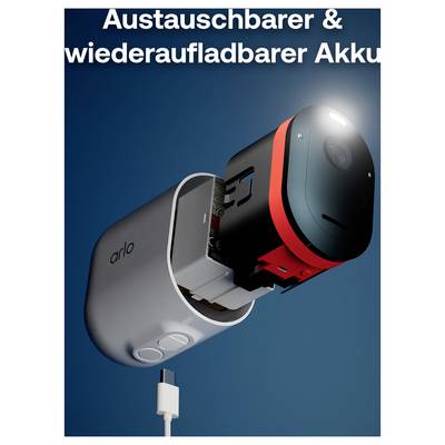 Image d'une caméra de surveillance sans fil avec une batterie amovible et rechargeable et un câble de charge; le texte en français se lit « Batterie amovible et rechargeable ».