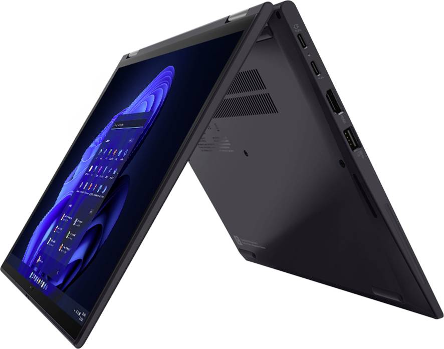 Un ordinateur portable convertible en mode tente affichant un écran d'accueil, démontrant sa flexibilité pour différents angles de visualisation.