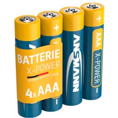 Quatre piles AAA dans un emballage orange et bleu étiquetées « BATTERIE X-POWER » et « 4x AAA ».