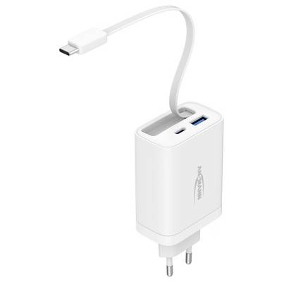 Chargeur mural USB-C blanc avec câble attaché, montrant une prise USB-C et deux ports sur le dessus, incluant un port USB-A bleu.