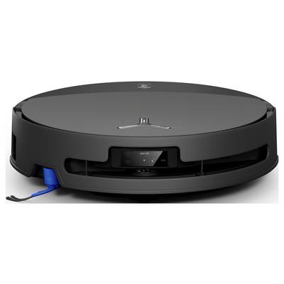 Un aspirateur robotisé noir avec un design bas profil, équipé de capteurs et d'une brosse centrale, placé sur un fond blanc uni.