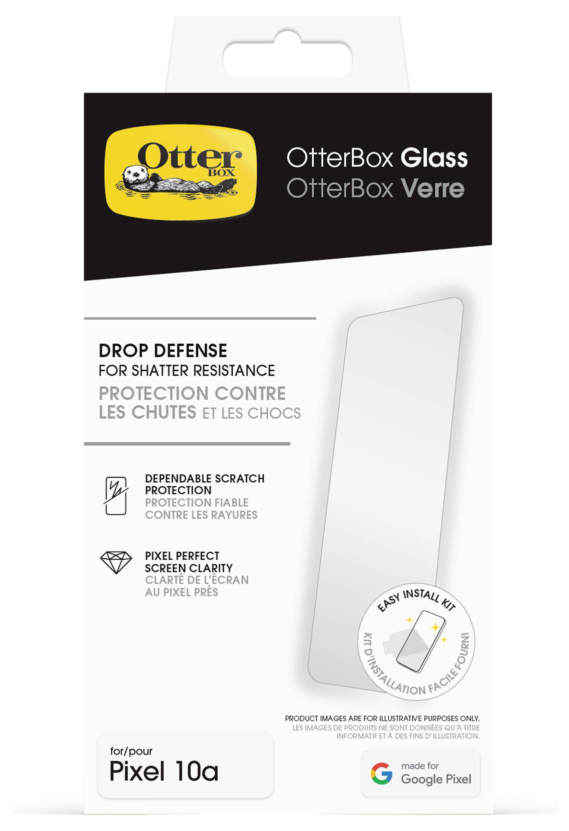Emballage du protecteur d'écran en verre OtterBox pour Google Pixel 10a, affichant « Drop Defense pour la résistance aux chocs » et un kit d'installation facile.