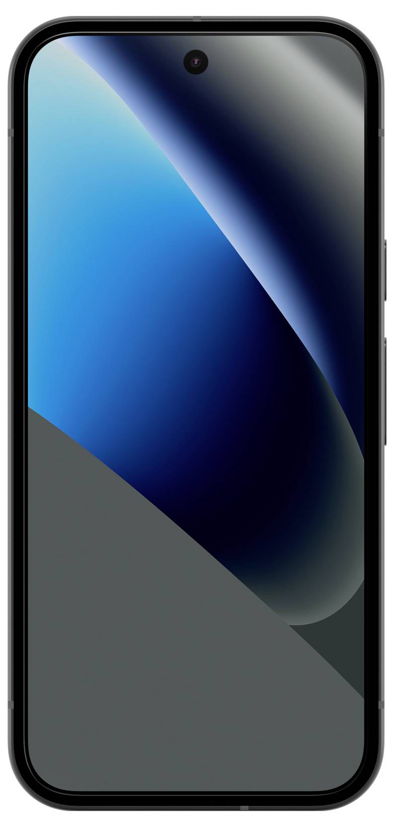 Vue de face d'un smartphone noir avec une caméra frontale centrée et un fond d'écran abstrait de couleur bleu-gris.