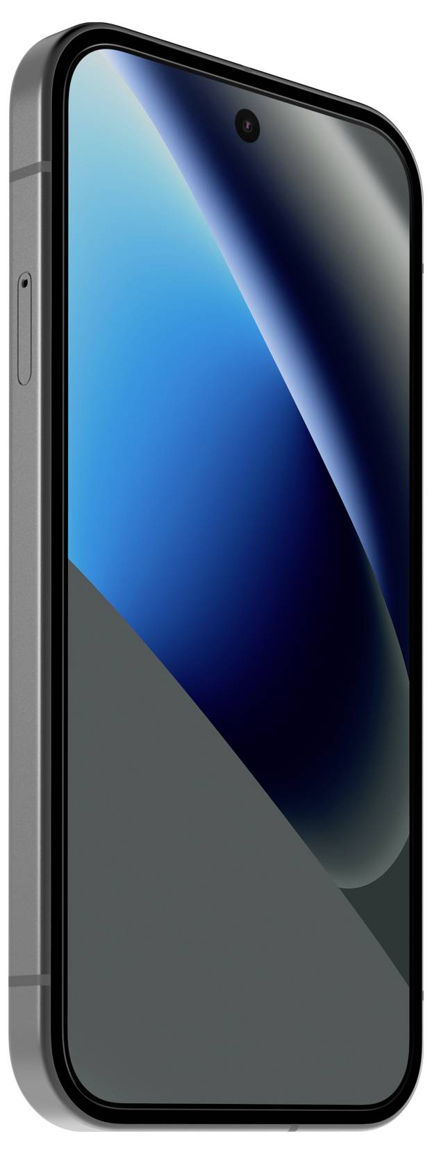 Un smartphone noir présenté de face selon un léger angle, avec un fond d'écran abstrait bleu sur l'écran.