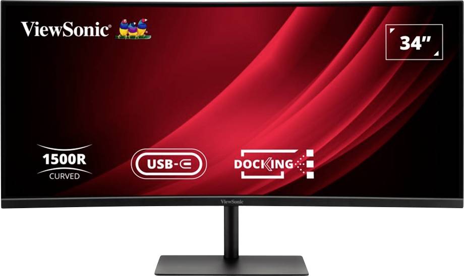 Un moniteur incurvé ViewSonic de 34" avec connectivité USB-C et capacités de station d'accueil, affichant un fond abstrait rouge.