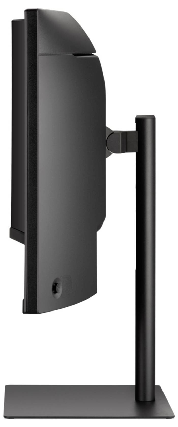 Vue latérale d'un écran d'ordinateur noir et élancé avec un pied vertical, mettant en avant son profil fin et son design réglable.