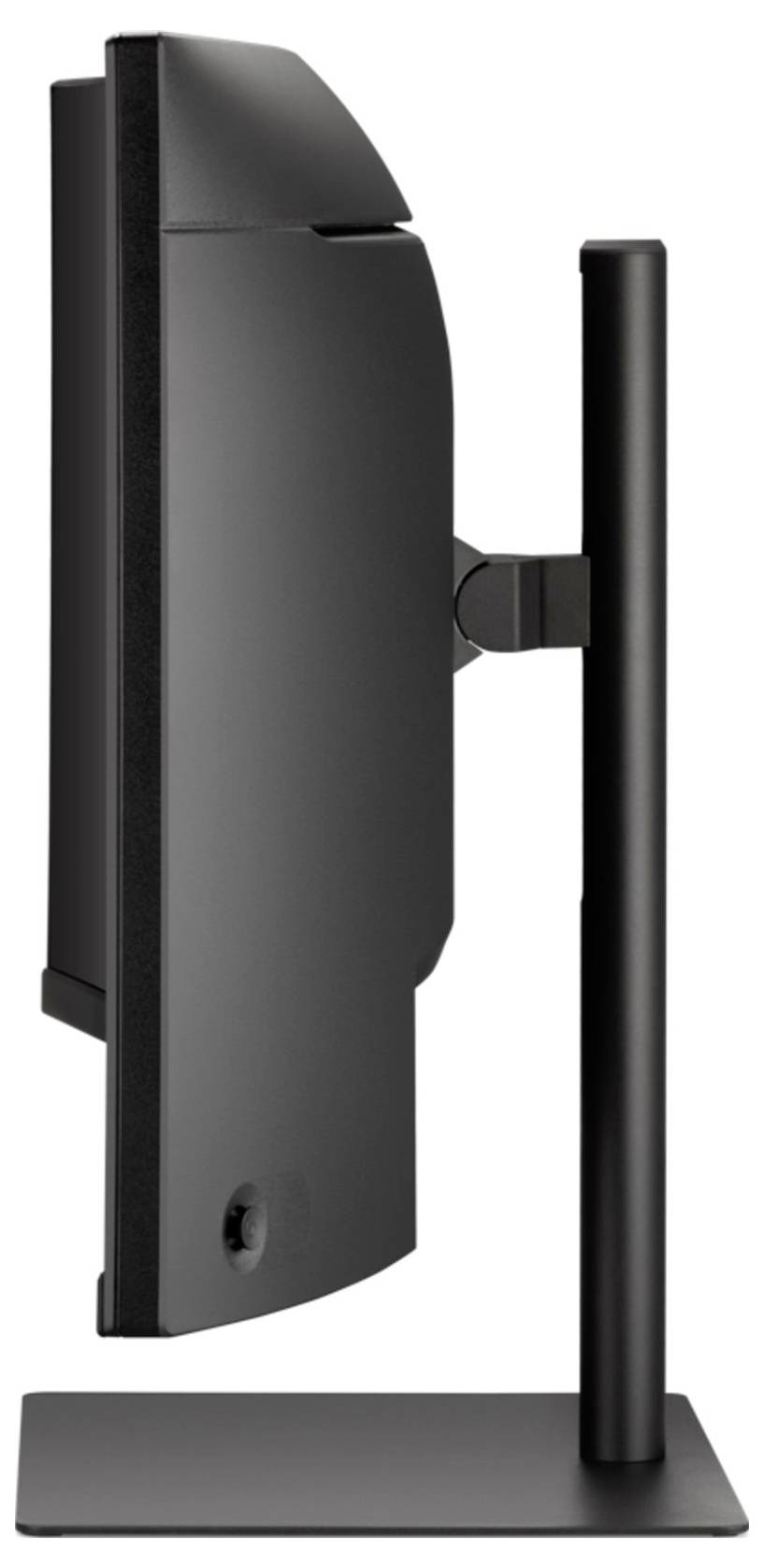 Un moniteur noir mince incliné vers le haut, vue de côté, monté sur un support réglable avec une base rectangulaire.