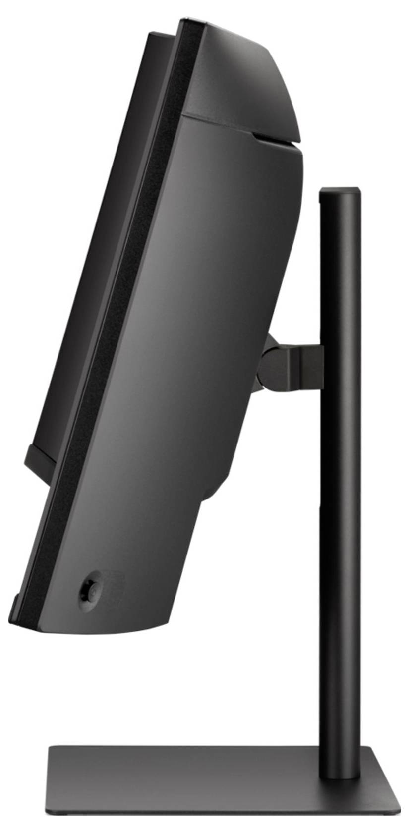 Un écran d'ordinateur noir vu de profil, monté sur un support vertical, montrant son profil fin.
