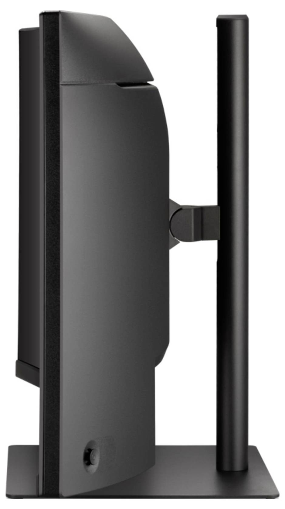 Un moniteur informatique élégant et moderne vu de côté, montrant son profil mince et son support vertical.