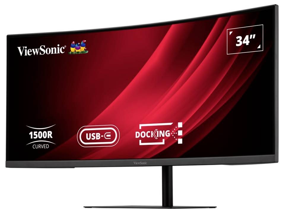 Un moniteur ViewSonic incurvé de 34 pouces avec une courbure de 1500R, une connectivité USB-C et des fonctionnalités d'accueil, affiché avec un fond abstrait rouge.