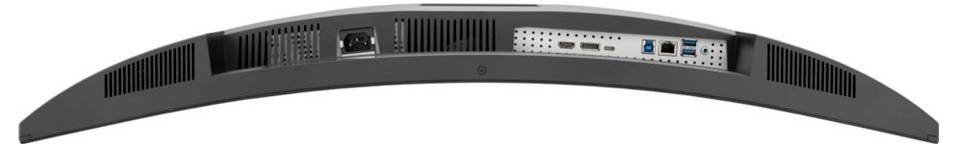 Vue arrière d'un moniteur d'ordinateur incurvé montrant différents ports, notamment HDMI, USB et Ethernet, mettant en évidence les options de connectivité.