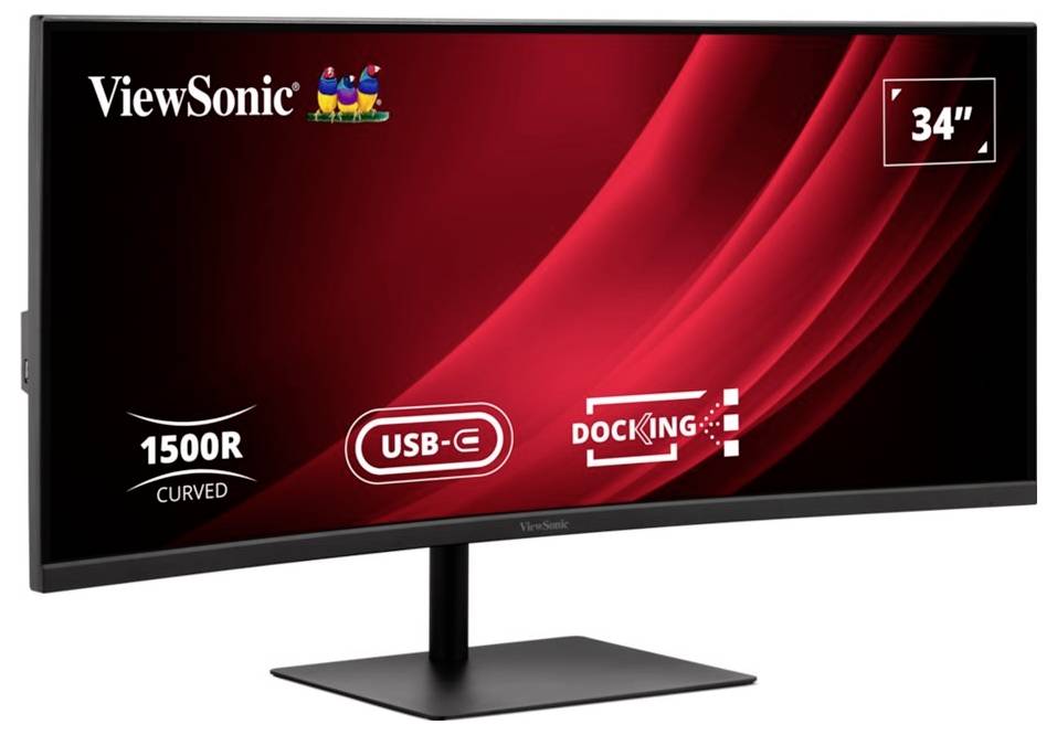 Moniteur courbe ViewSonic de 34 pouces avec USB-C et fonctionnalités d'accueil, présentant une courbure de 1500R et un design épuré.