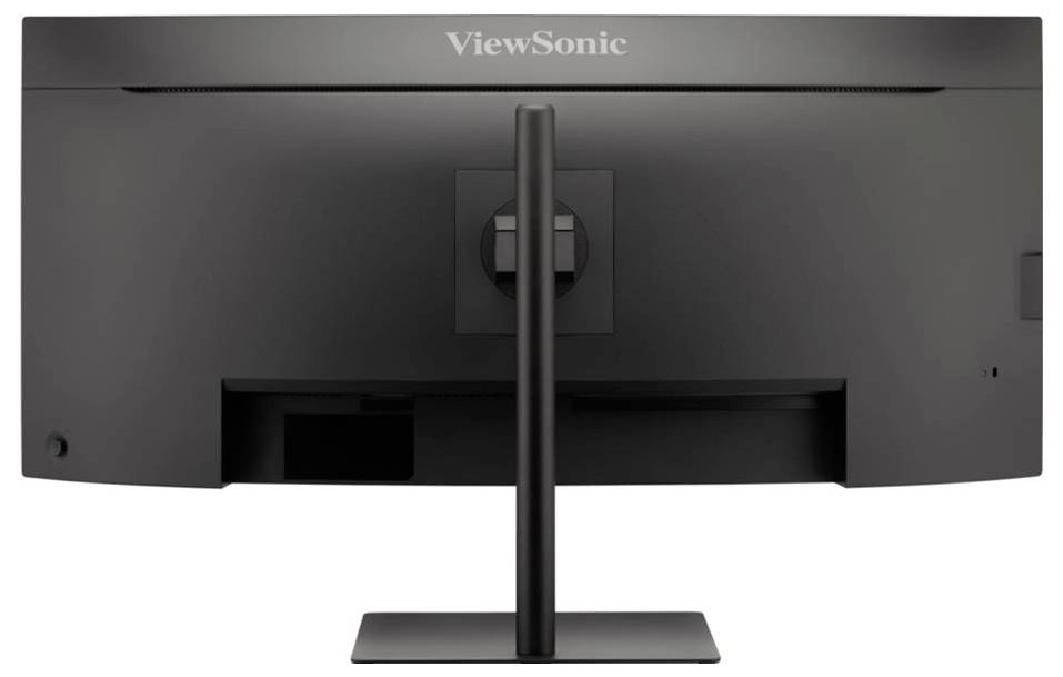 Un moniteur informatique ViewSonic vu de l'arrière, présentant un design épuré avec un support central et une ouverture de gestion des câbles.