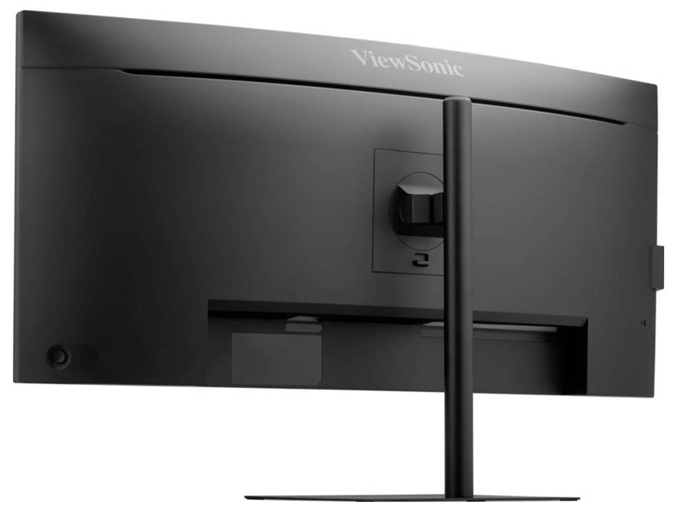 Une vue arrière d'un moniteur d'ordinateur ViewSonic noir sur un support, montrant le support de montage et les connexions.