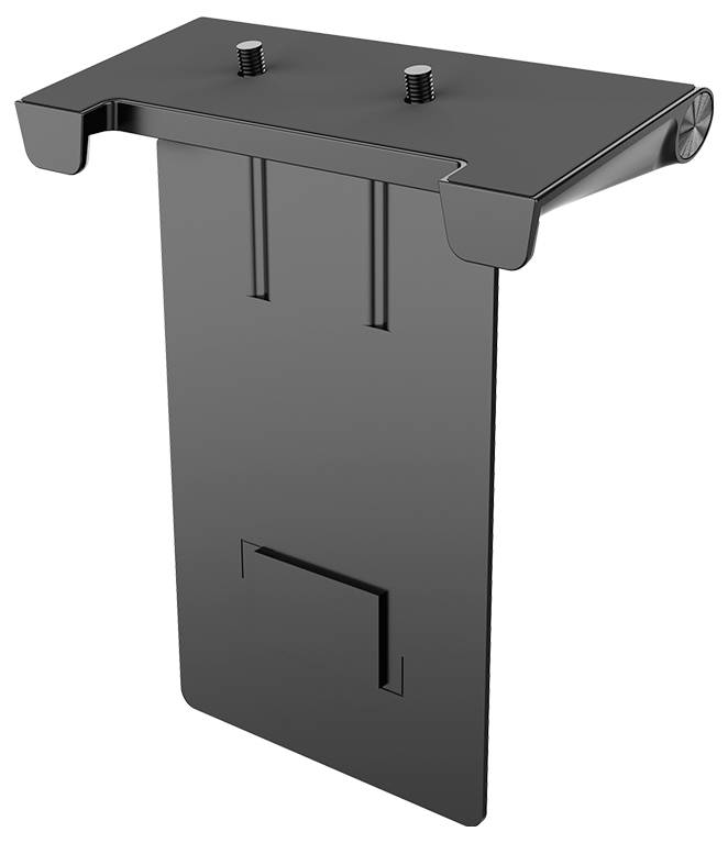Équerre de montage en métal noir avec plateau supérieur plat, deux boulons et panneau de support vertical avec découpe inférieure.
