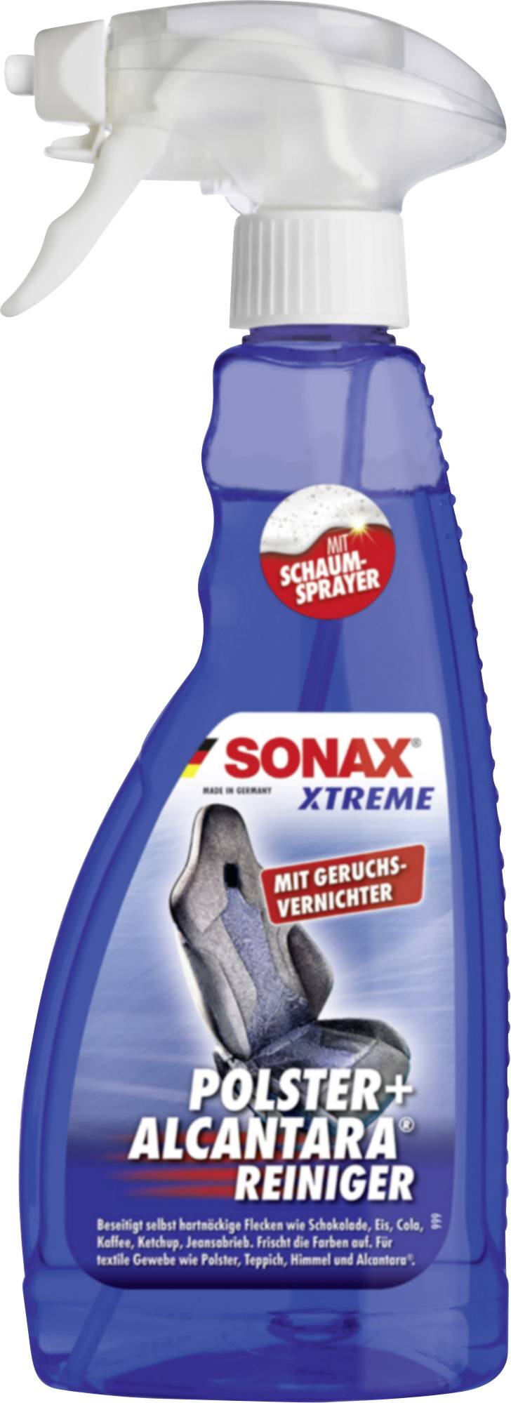 Spray en bouteille bleue SONAX XTREME pour nettoyage du garnissage intérieur et de l'alcantara avec pulvérisateur à gâchette et étiquette allemande « Polster+Alcantara Reiniger » et neutralisateur d'odeurs.