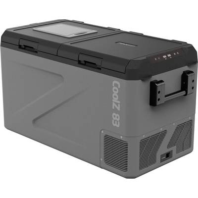 Glacière ou réfrigérateur CoolZ 83 gris et noir portable avec loquets, évents latéraux et un petit panneau de commande sur le dessus.