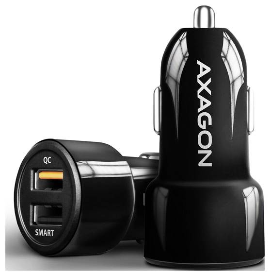 Chargeur de voiture USB double noir avec marque AXAGON, un port USB étiqueté QC et un autre étiqueté SMART, présenté sur fond blanc.