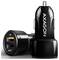 Chargeur de voiture USB double noir avec marque AXAGON, un port USB étiqueté QC et un autre étiqueté SMART, présenté sur fond blanc.