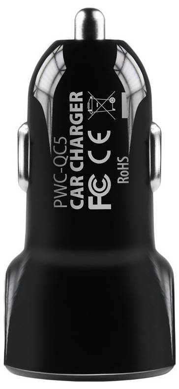 Adaptateur de chargeur automobile noir étiqueté « PWC-05 CAR CHARGER » avec marquages FCC, CE et RoHS.