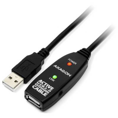 Câble d'extension USB actif avec adaptateur Axagon intégré affichant les LED d'alimentation et de liaison, ainsi qu'une prise USB mâle et un port USB femelle.