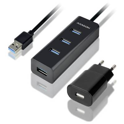 Hub USB noir à 4 ports avec un câble USB-A, trois ports USB supérieurs, un port USB frontal, et un chargeur mural USB séparé avec deux broches rondes.