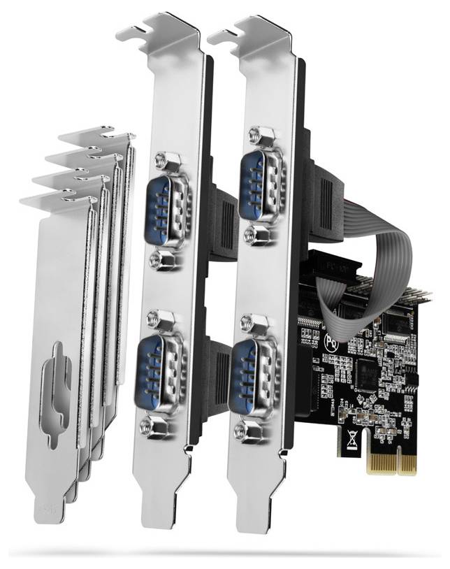 Carte d'expansion PCIe avec deux supports argentés et quatre ports de style VGA bleu, connectée par câble ruban à la carte de circuit.