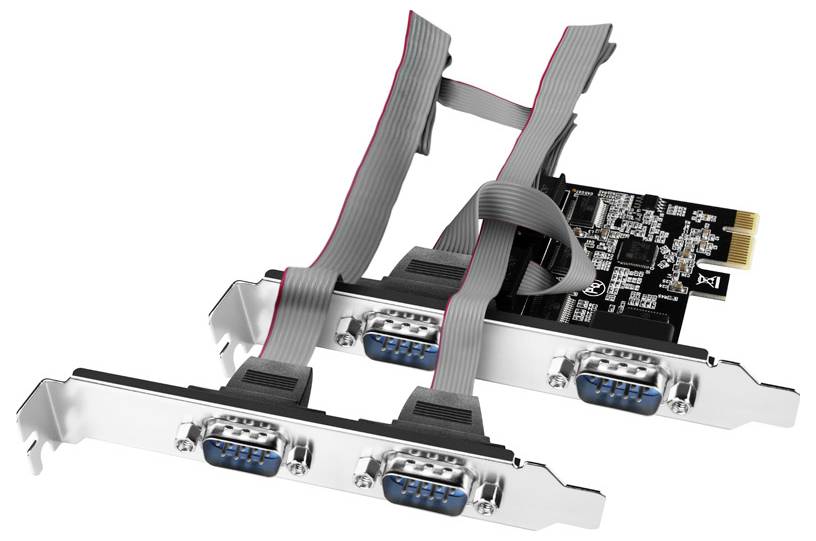 Carte d'extension PCIe avec quatre connecteurs de port série et deux câbles ruban gris attachés à une carte de support de fente de carte mère d'ordinateur.