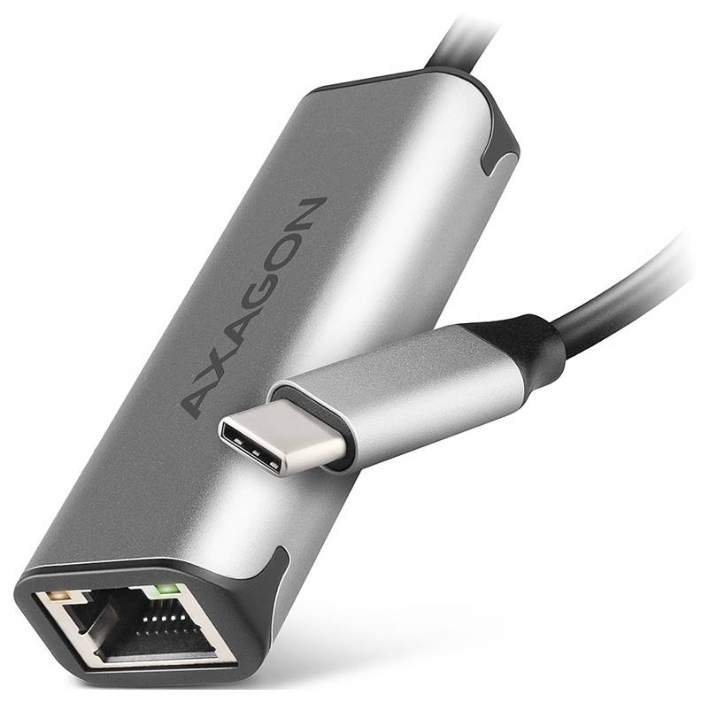 Câble adaptateur Ethernet AXAGON USB-C argenté avec port RJ45 et connecteur USB-C connecté sur fond blanc