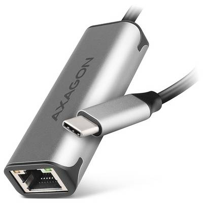 Câble adaptateur Ethernet AXAGON USB-C argenté avec port RJ45 et connecteur USB-C connecté sur fond blanc