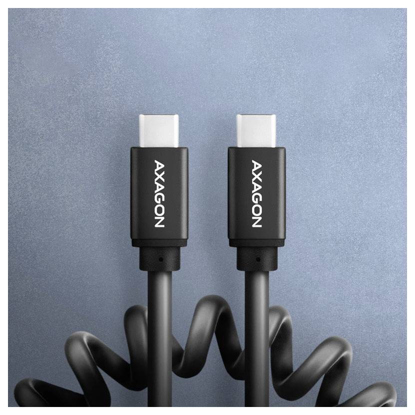 Deux câbles USB-C AXAGON noirs avec des cordons enroulés, présentés verticalement sur un fond bleu.