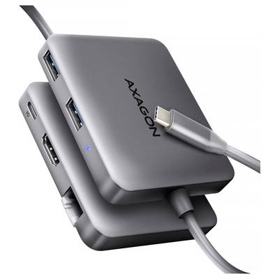 Hub USB-C AXAGON gris avec plusieurs ports USB et câbles connectés sur un fond blanc.