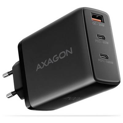 Chargeur mural AXAGON noir avec prise EU, un port USB-A et deux ports USB-C étiquetés QC-30W, PD2-65W et PD1-100W.