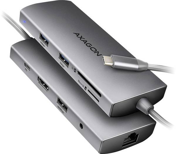 AXAGON HMC-8HLSA Hub USB 8 ports USB-C® (avec Power Delivery), USB 3.1 (Gen 1), audio 2.0 (jack 3,5 mm), SD, USB 2.0 USB 3.2 Gen1 5 GBit/s avec fiche mâle USB-C