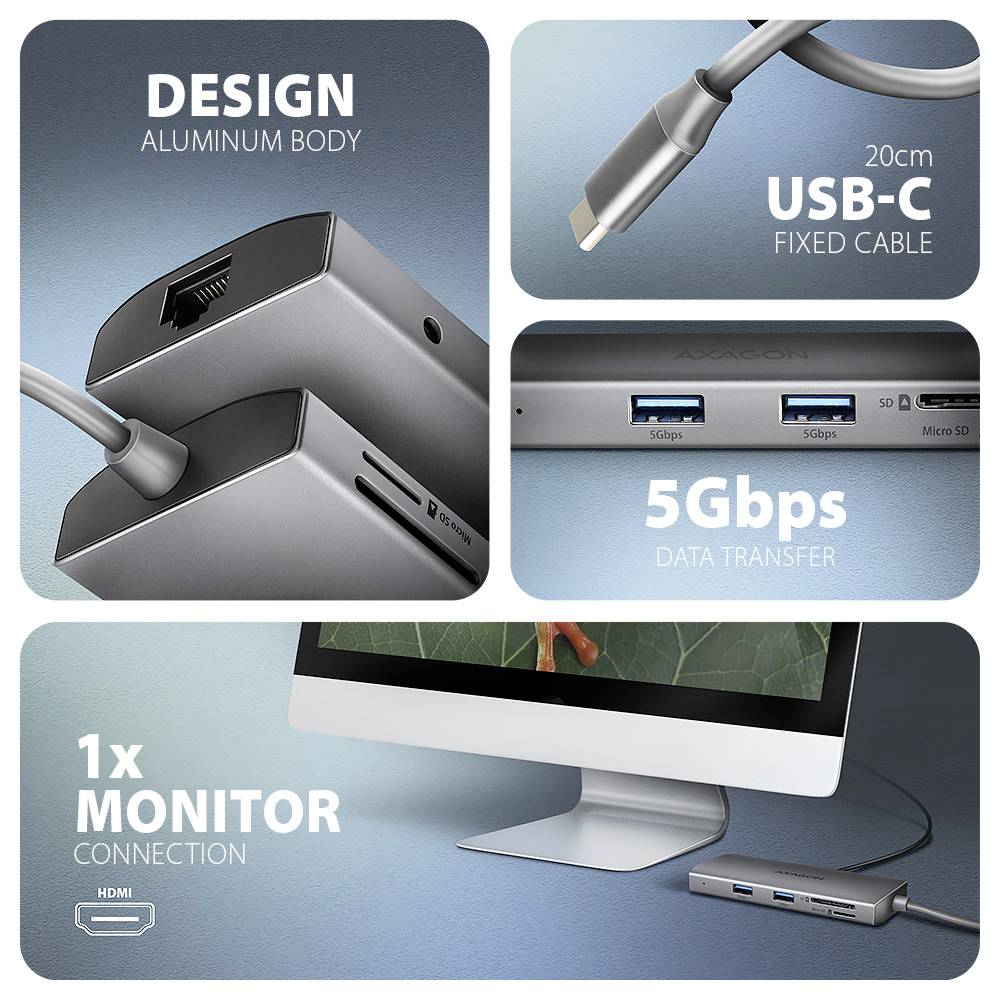 Graphique promotionnel d'un concentrateur/dock USB-C en aluminium avec câble fixe, transfert de données 5 Gbps, câble de 20 cm, connexion moniteur, ports USB et emplacements pour cartes.