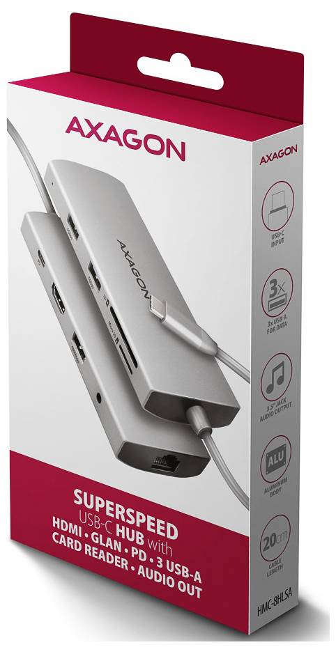 Emballage du concentrateur USB-C SuperSpeed Axagon montrant un adaptateur 7-en-1 argenté avec ports HDMI, DisplayPort, USB-A, lecteur de cartes et ports audio.