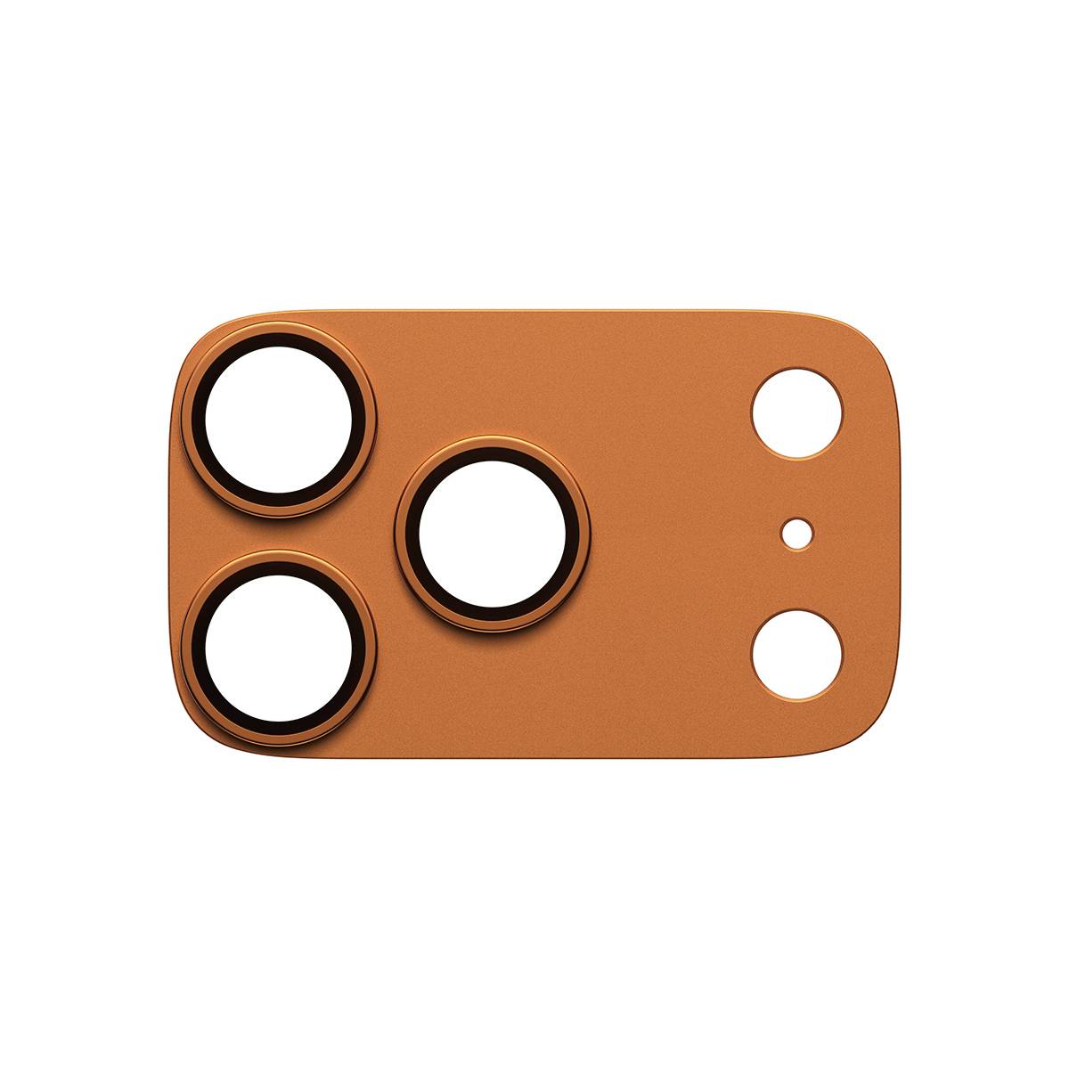 Module de caméra de smartphone orange avec trois grandes ouvertures d'objectif et trois plus petits découpes de capteur sur une plaque rectangulaire arrondie