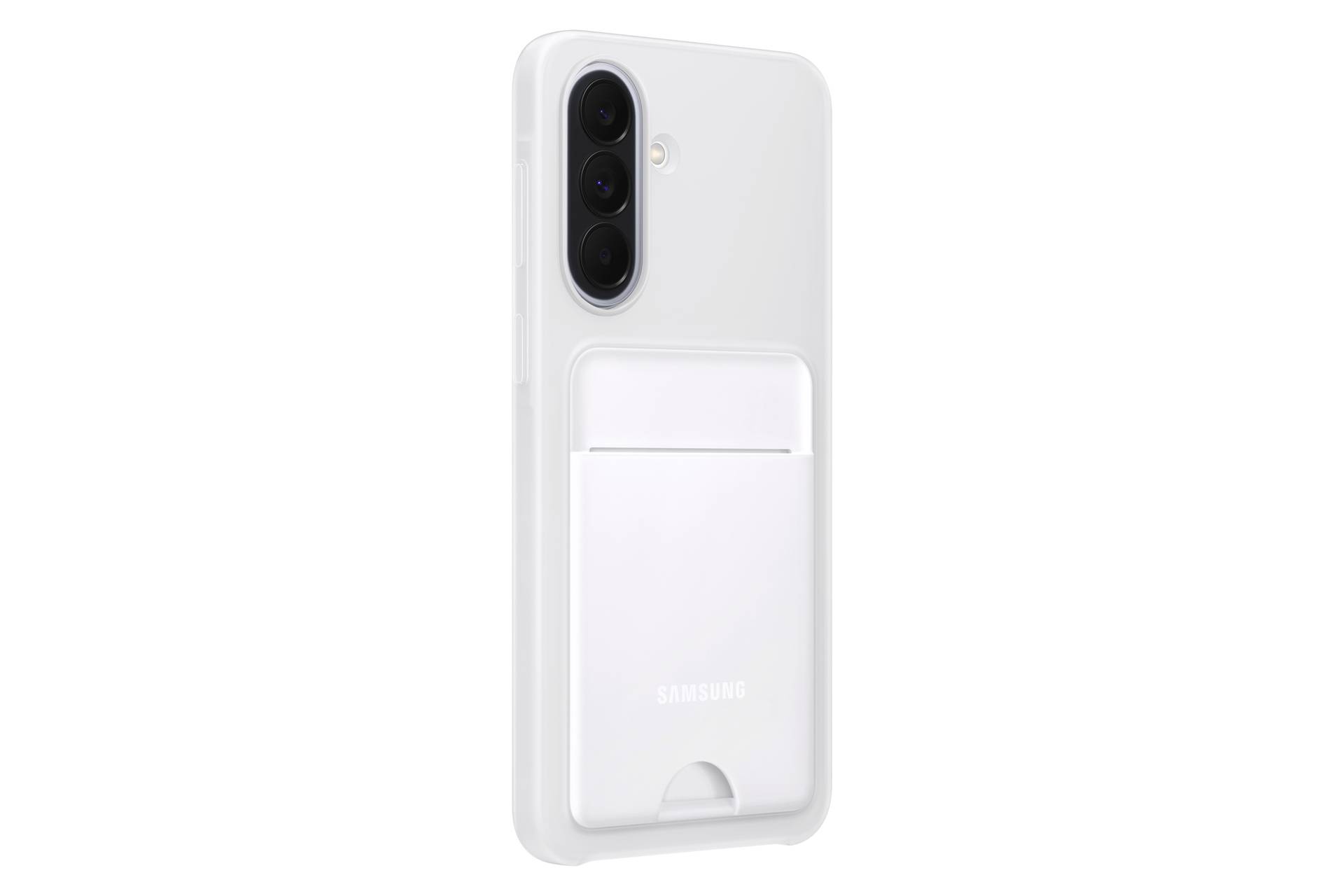 Smartphone Samsung blanc montré de l'arrière avec un triple appareil photo et un mince porte-carte attaché à la moitié inférieure.
