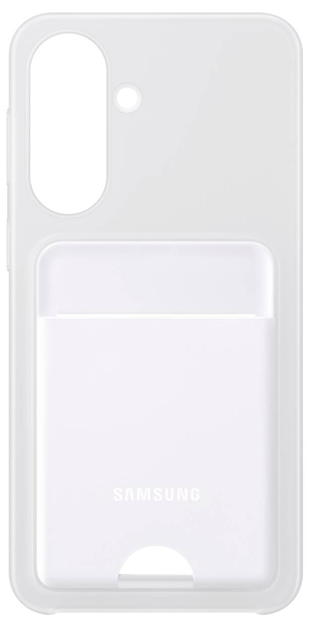 Étui transparent pour téléphone Samsung avec une grande découpe pour l'appareil photo et une poche porte-carte blanche à l'arrière