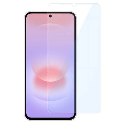 Vue de face d'un smartphone avec un écran rose-violet, présenté à côté d'une protection d'écran en verre transparent pour montrer l'ajustement et la couverture.