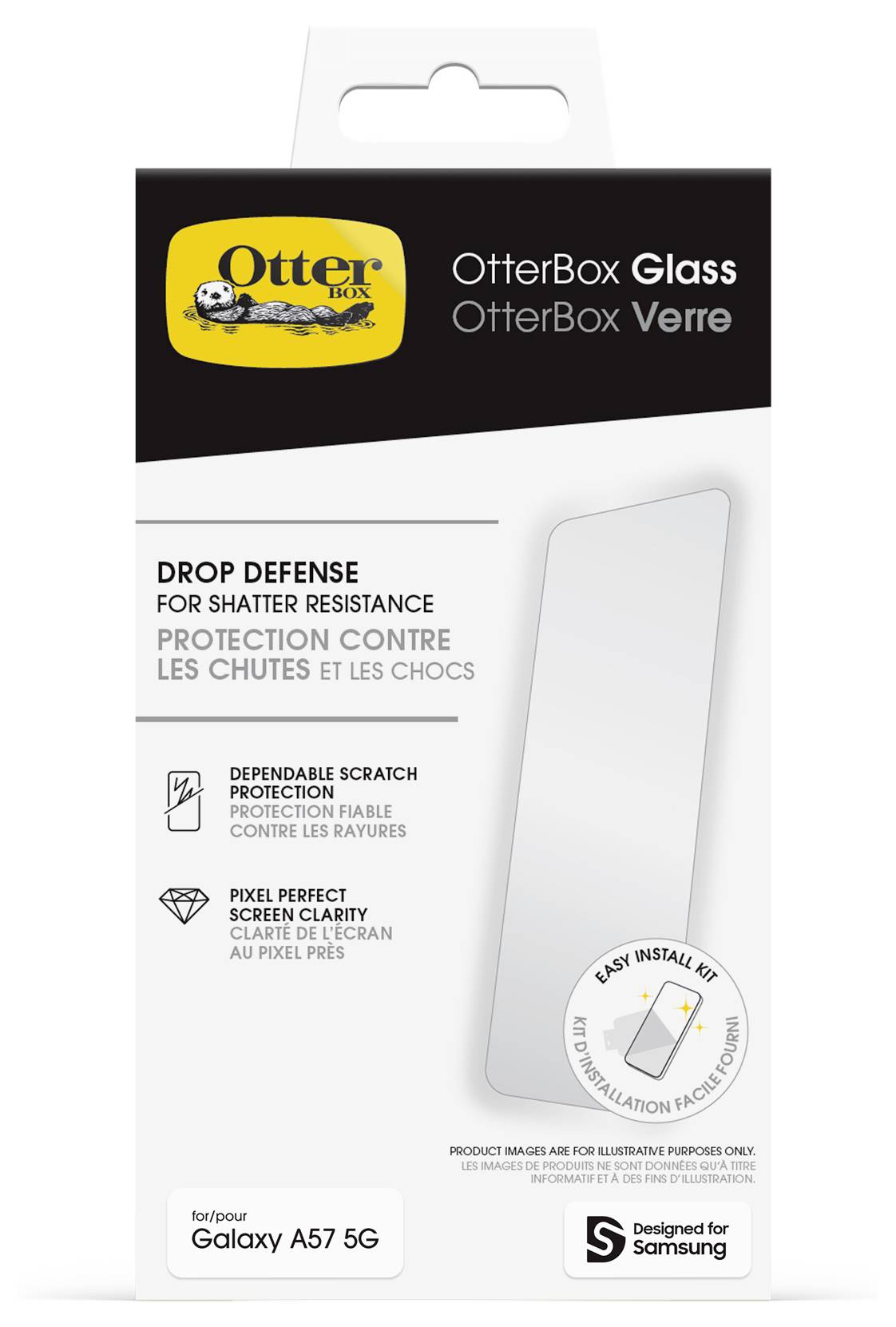 Protection d'écran en verre OtterBox pour Samsung Galaxy A57 5G, étiqueté « Drop Defense » et « Easy Install Kit » avec des affirmations de résistance aux chocs et de protection contre les rayures.