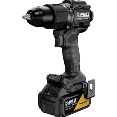 Perceuse électrique sans fil édition spéciale DeWalt avec batterie, présentée en vue latérale sur un fond blanc.