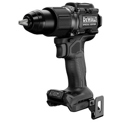 Perceuse sans fil DeWalt noire avec batterie et pince latérale, présentée sur un fond uni.