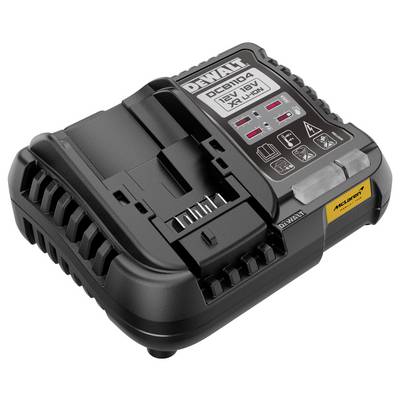 Chargeur de batterie lithium-ion Black DeWalt 20V Max avec voyants indicateurs d'état et étiquettes de marque sur le dessus